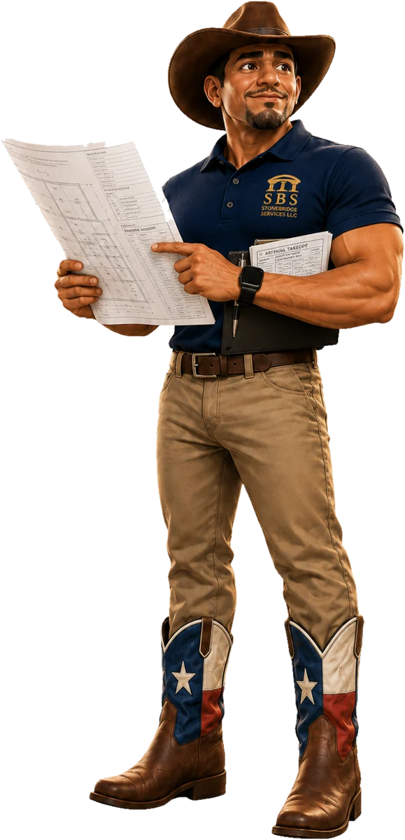 SBS estimator holding takeoff plans and a project binder
