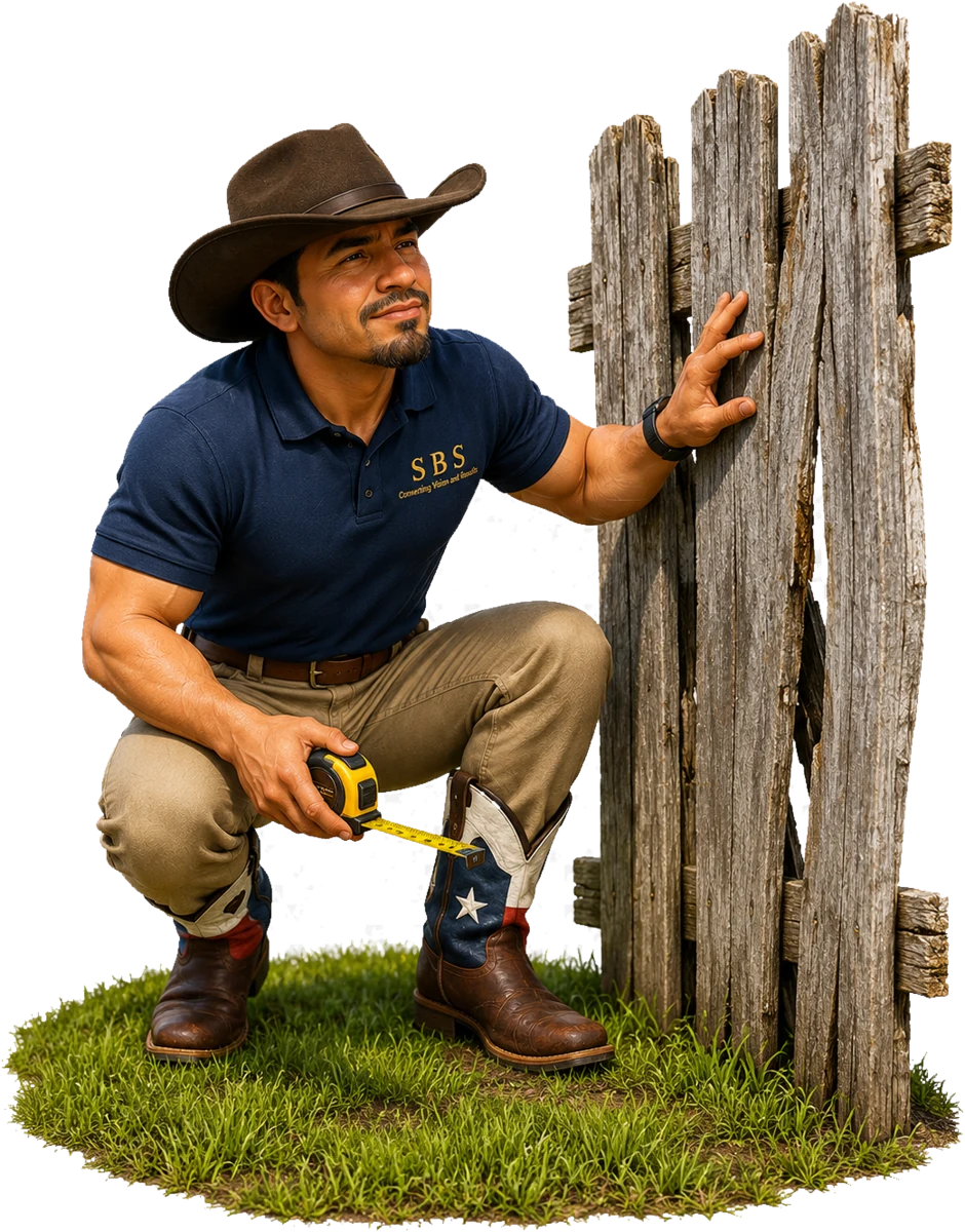 SBS estimator inspecting a worn fence with a tape measure
