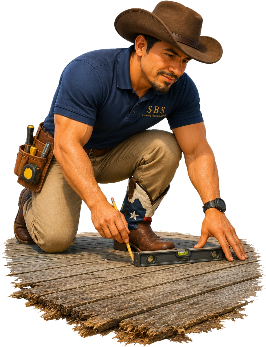 SBS estimator checking a worn deck with a level