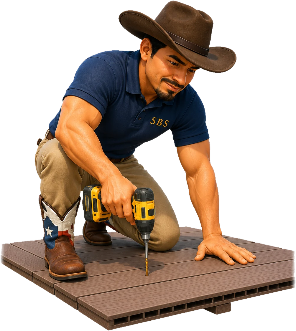 SBS crew member fastening deck boards with a drill