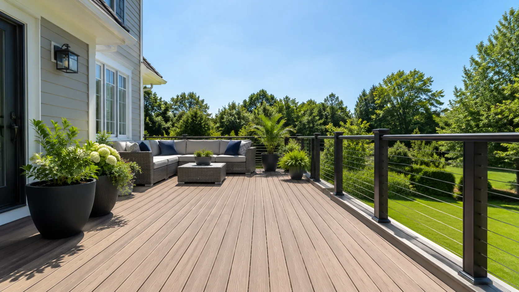 Finished modern deck with lighting built by StoneBridge Services