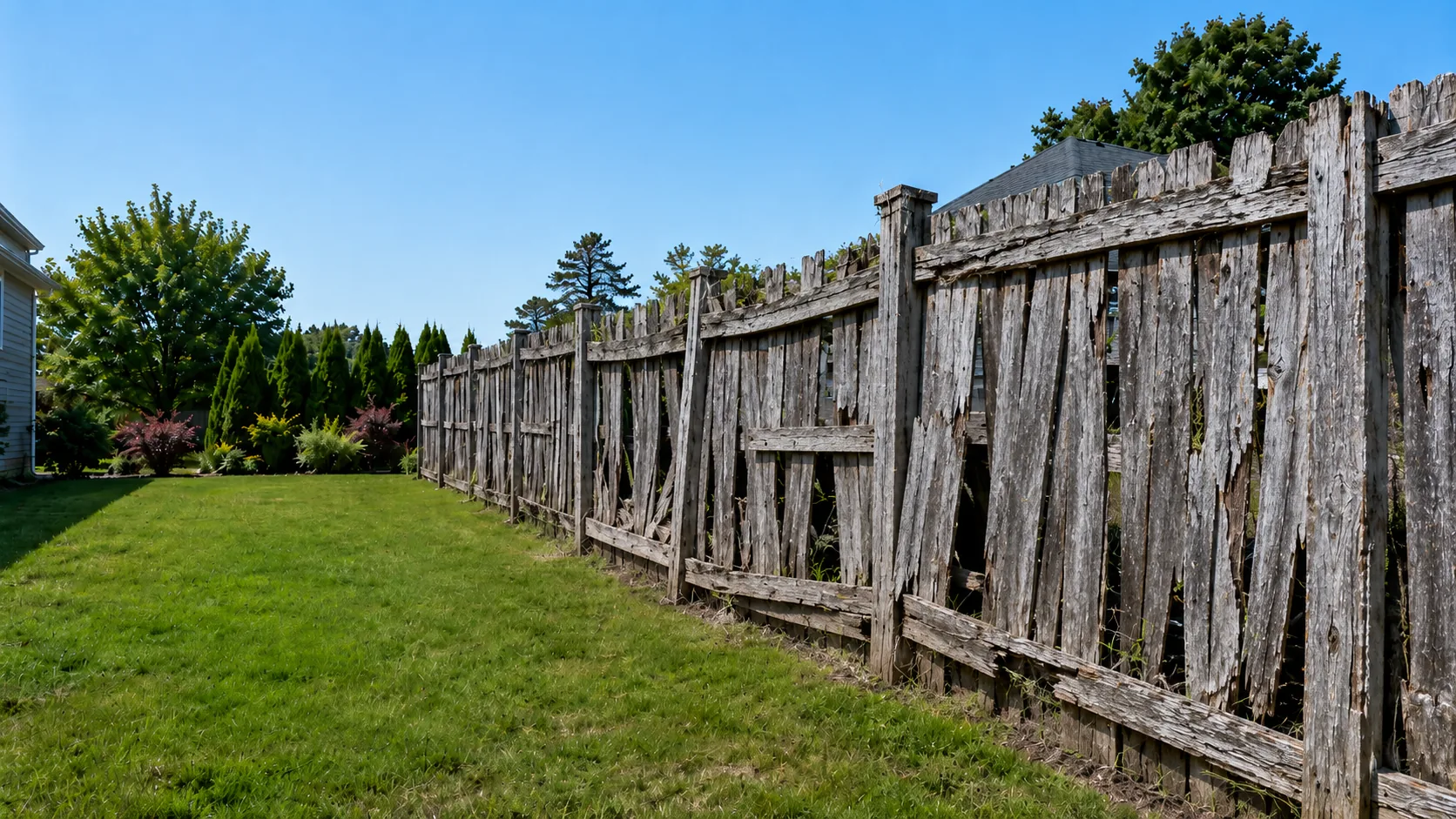 Worn, failing wood fence before replacement